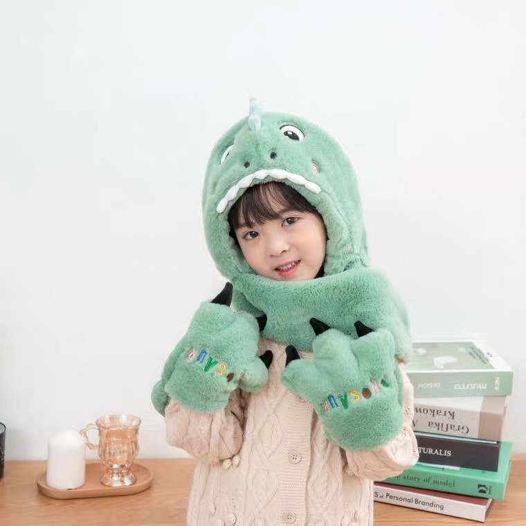  Children&#039;s Korean-Style Cute Plush Boys and Girls Cartoon Gloves Three-Piece Set