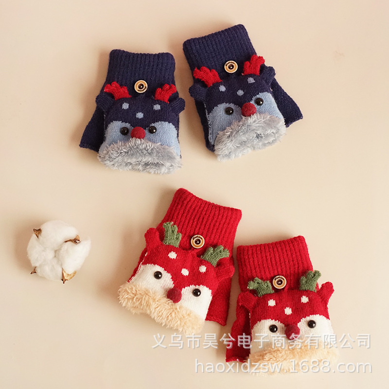 Velvet Thickened Cold Protection Christmas Cartoon Children&#039;s Half Finger Flip Reindeer Gloves Wholesale Cartoon Gloves