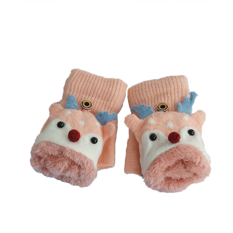 Velvet Thickened Cold Protection Christmas Cartoon Children&#039;s Half Finger Flip Reindeer Gloves Wholesale Cartoon Gloves