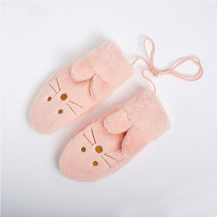 Winter plush warm cartoon gloves women add plush thickened Korean cartoon imitation rabbit fur cat full finger gloves