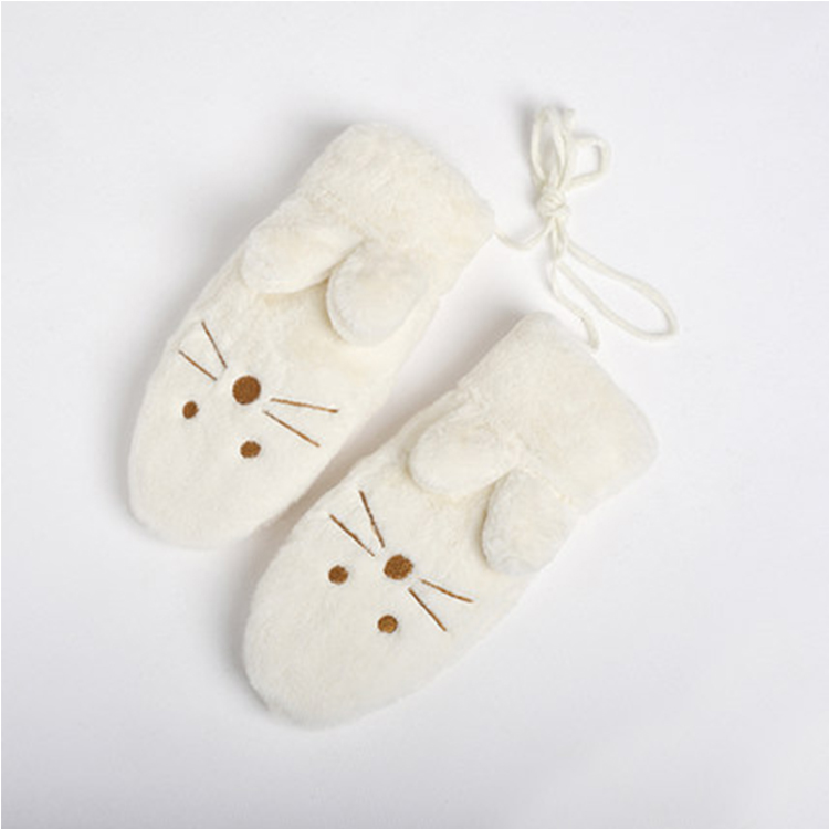 Winter plush warm cartoon gloves women add plush thickened Korean cartoon imitation rabbit fur cat full finger gloves