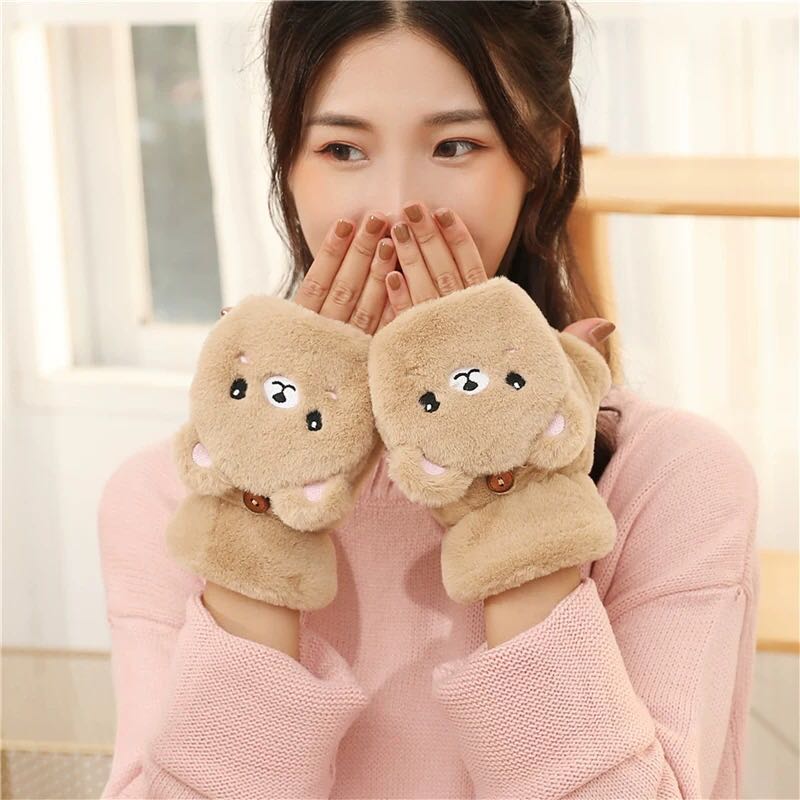 Rabbit hair half finger gloves female winter flip cover with fleece thickened warm student Korean version of bear cartoon gloves