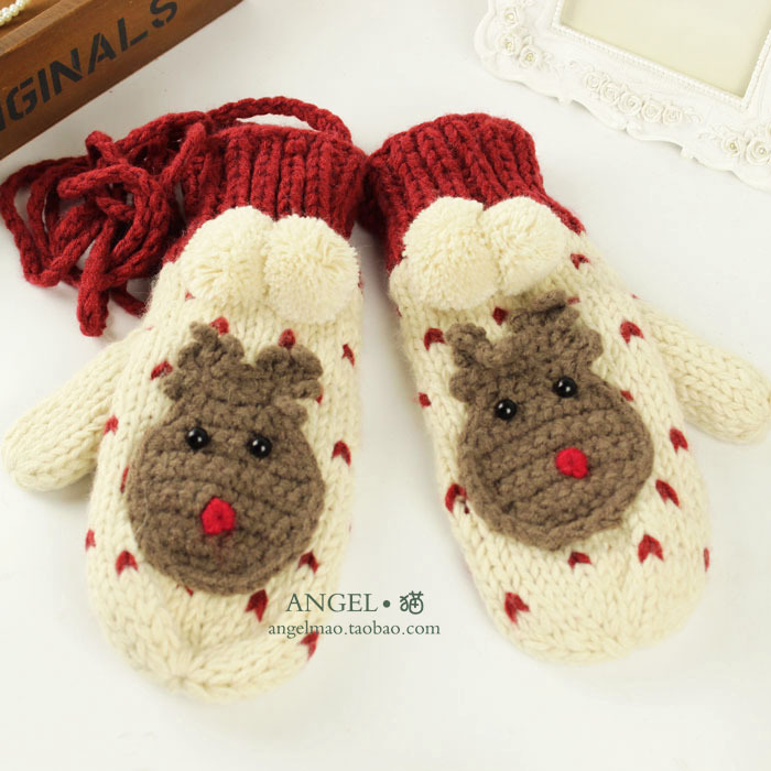 Cartoon lady Korean version of autumn and winter mittens thickopened with fleece warm wool gloves hanging neck of student gloves