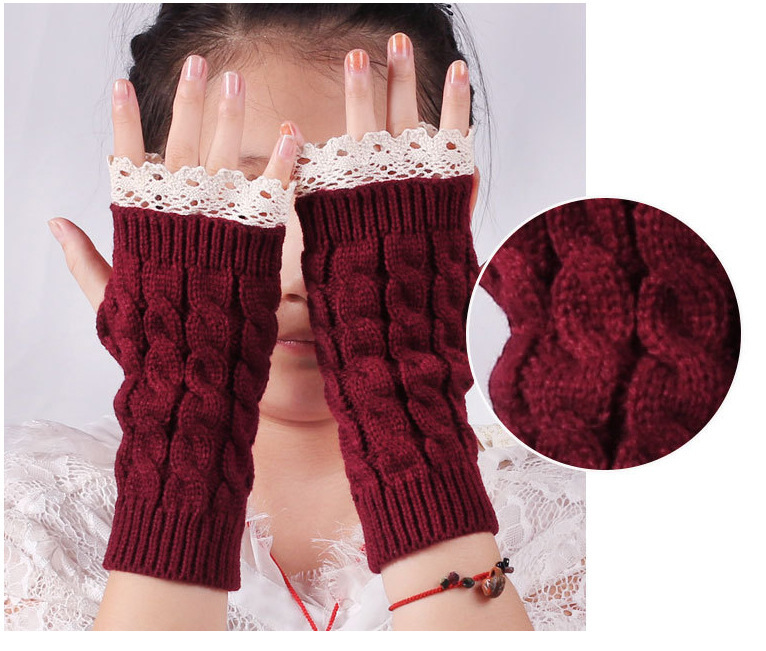 Knitting Wool Gloves Beautiful and Beautiful Lace Lengthened Wristband Winter Women&#039;s Thermal Knitting Half Finger Gloves