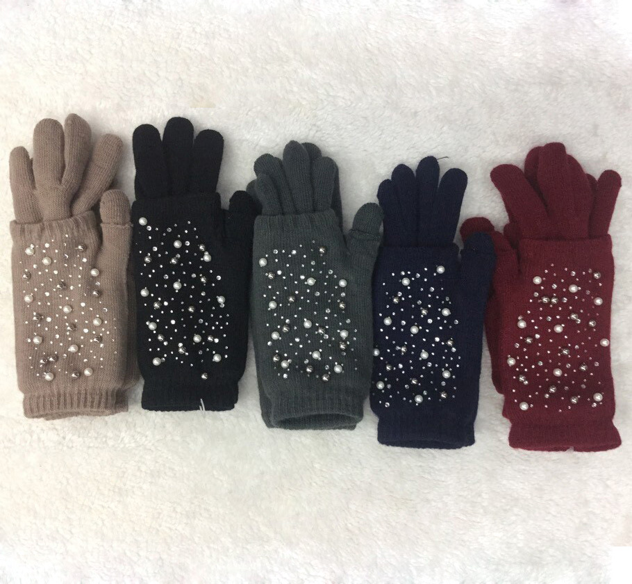 2018 Korean fashion pair gloves point bead flat plate knitting two-piece set manufacturer direct wholesale