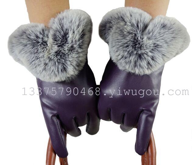 Manufacturers direct fashion touch screen PU gloves high imitation rax rabbit fur mouth warm gloves thickened velvet gloves