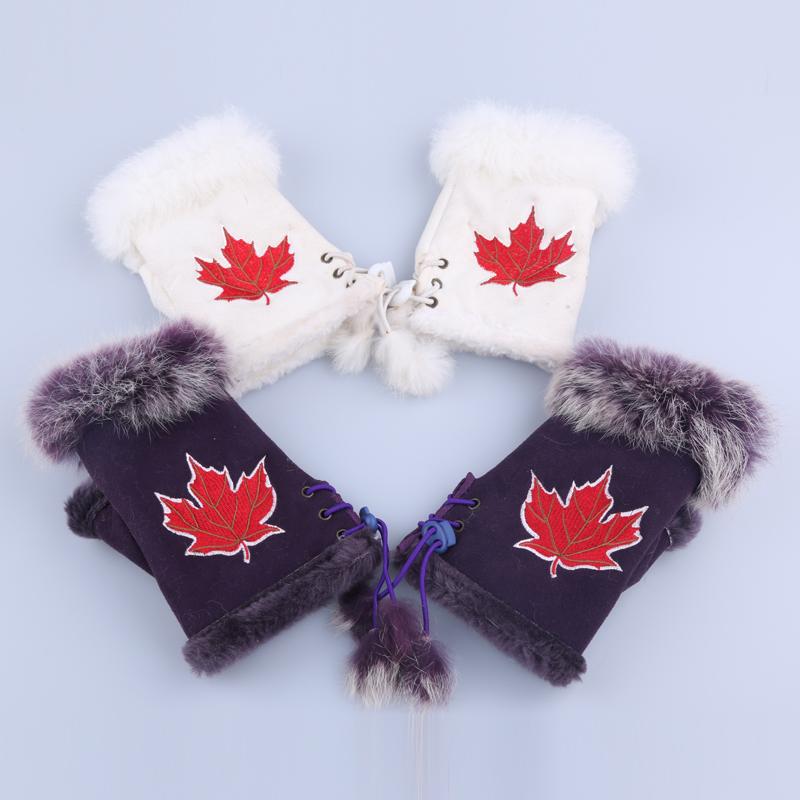 Pure color rabbit fur gloves half finger gloves printed gloves