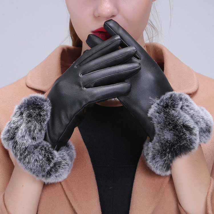 Winter Women&#039;s Fur Gloves Imitation Rex Rabbit PU Leather Gloves Driving Warm Velvet Padded Thickened Touch Screen Women&#039;s Gloves