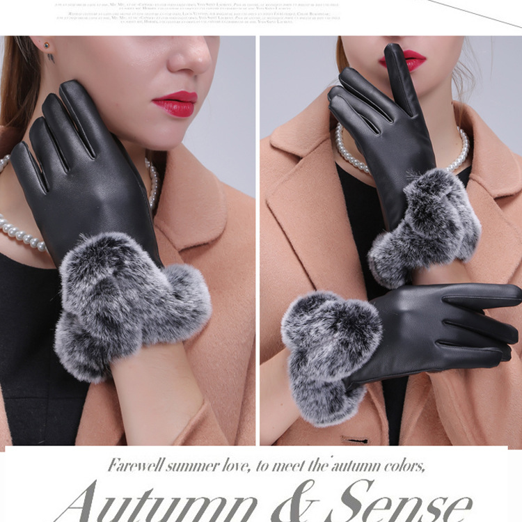 Winter Women&#039;s Fur Gloves Imitation Rex Rabbit PU Leather Gloves Driving Warm Velvet Padded Thickened Touch Screen Women&#039;s Gloves