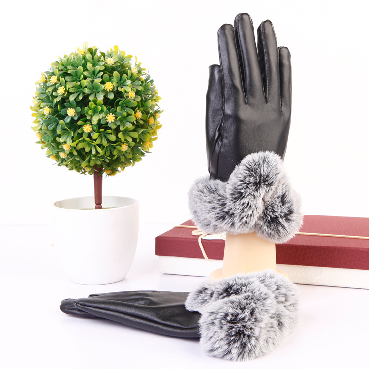 Winter Women&#039;s Fur Gloves Imitation Rex Rabbit PU Leather Gloves Driving Warm Velvet Padded Thickened Touch Screen Women&#039;s Gloves