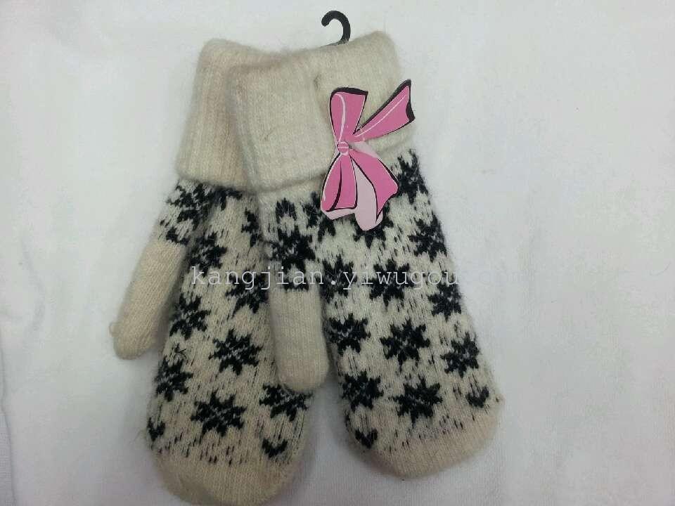 Thickening double snow rabbit fur gloves with snowflake warm gloves