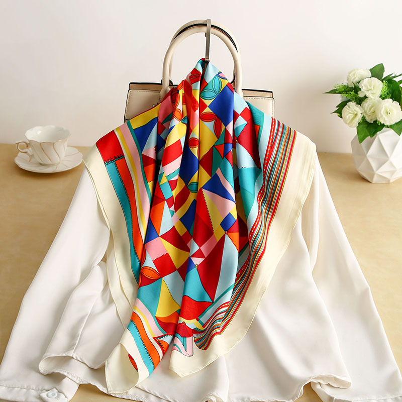 Geometric Stitching Emulation Silk Scarf Spring and Summer New Twill Large Kerchief Decorative Sunscreen Shawl Scarf Wholesale