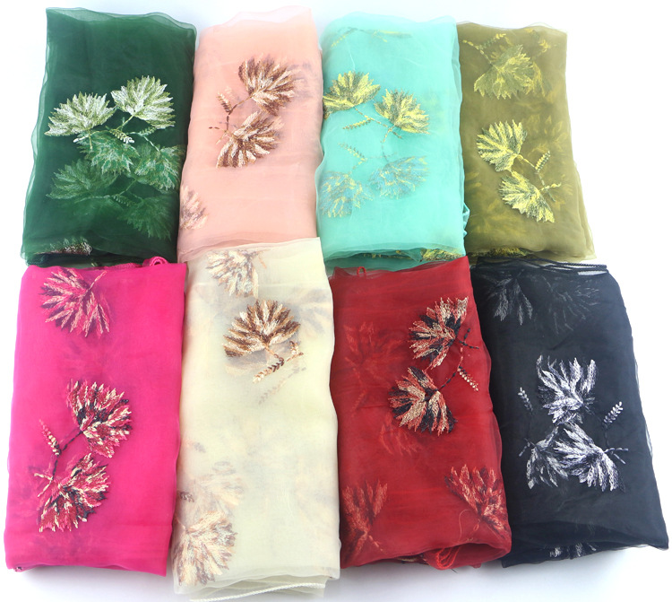 New Silk Scarf Women&#039;s Spring and Autumn All-Matching Embroidered Scarf Long Scarf Organza Maple Leaf Embroidered Air Conditioning Sunscreen Shawl Summer
