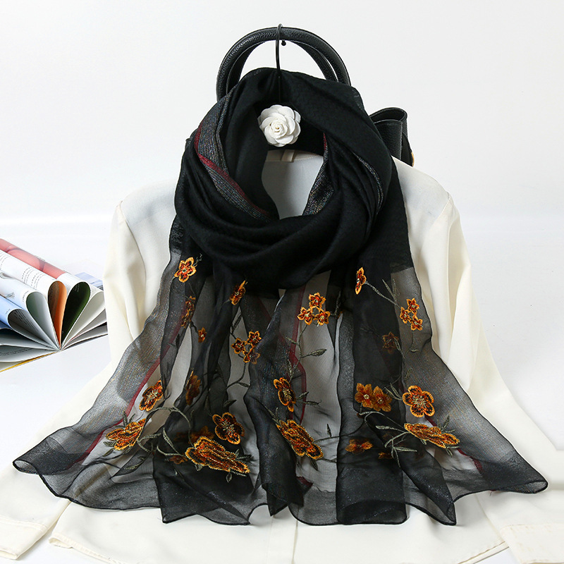 Autumn and Winter New Silk Wool Embroidery Scarf Silk Wool Embroidery Mulberry Silk Scarf Fashion Sunscreen Shawl for Women Wholesale