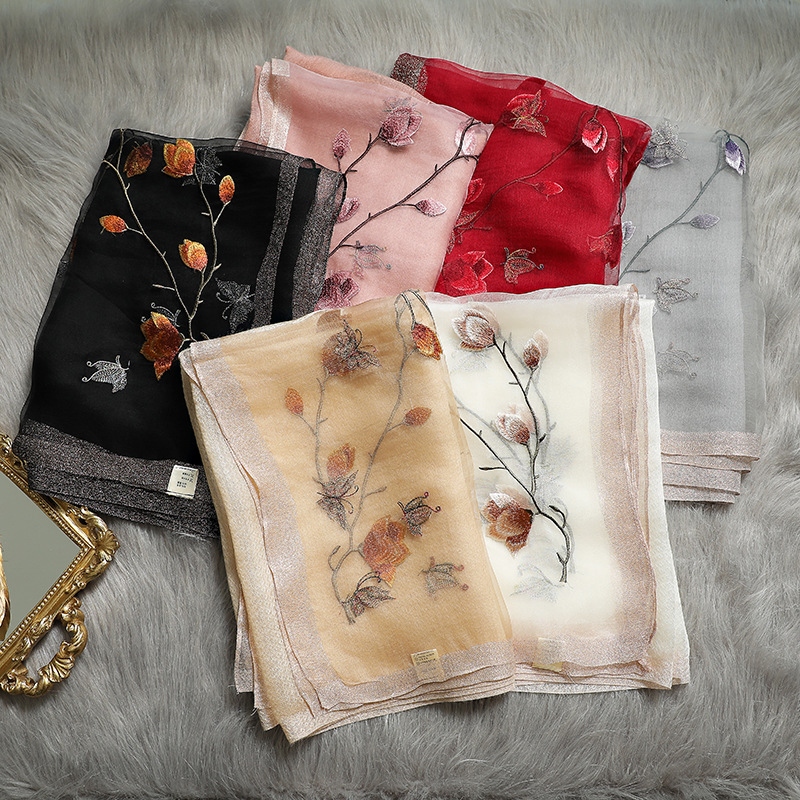 2021 New Silk Wool Embroidered Scarf Women&#039;s Silk Wool Embroidered Mulberry Silk Scarf Sunscreen Shawl Women&#039;s Wholesale