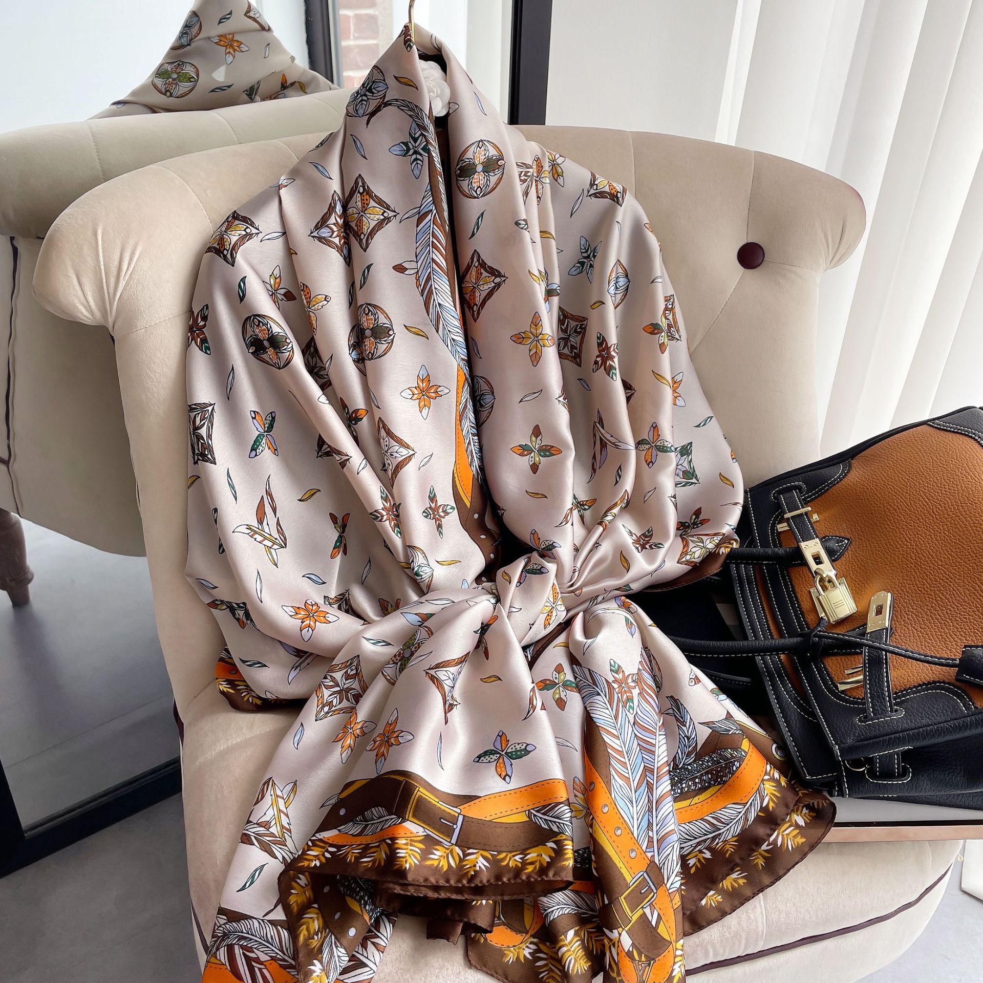 New Korean Style Spring and Summer Geometric Printed Scarf Female 90cm Scarf Sunscreen Shawl Decorative Beach Towel Factory Wholesale