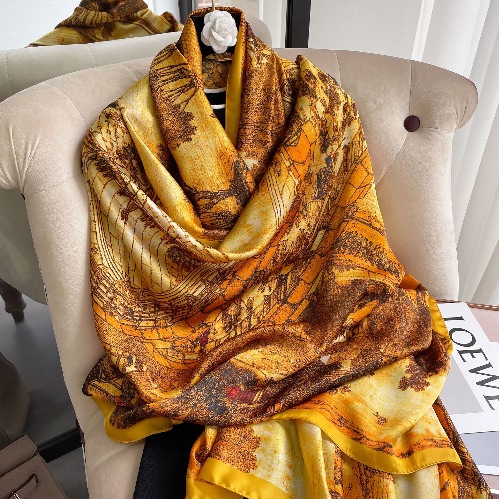 New Silk Scarf Women&#039;s Artificial Silk Printing Decoration Scarf Pastoral Style Decorative All-Match Sunscreen Shawl Beach Towel Wholesale