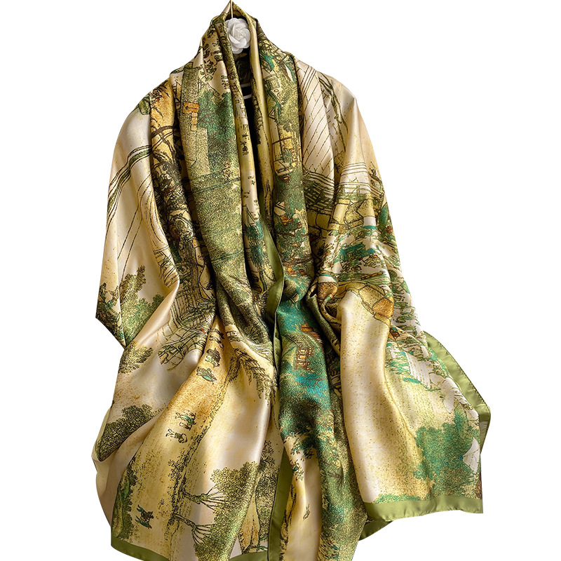 New Silk Scarf Women&#039;s Artificial Silk Printing Decoration Scarf Pastoral Style Decorative All-Match Sunscreen Shawl Beach Towel Wholesale