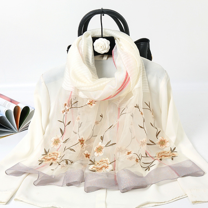 New Silk Wool Embroidery Scarf Silk Wool Embroidery Mulberry Silk Scarf Fashion Sunscreen Shawl for Women Wholesale