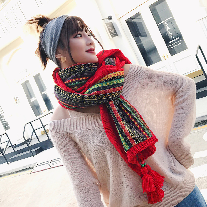 Autumn and Winter Ethnic Style Long Knitted Wool Scarf Women&#039;s Dual-Use Talma Lengthen to Keep Warm Scarf One Piece Dropshipping