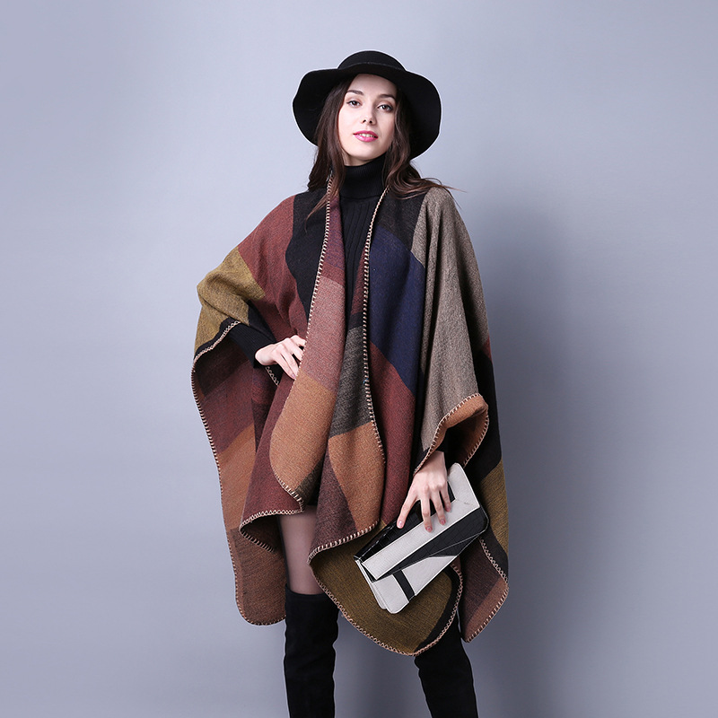 and Winter Scarf Versatile Lattice Ladies Travel Shawl Cashmerelike Foreign Trade Ethnic Style Split Thickened Cape