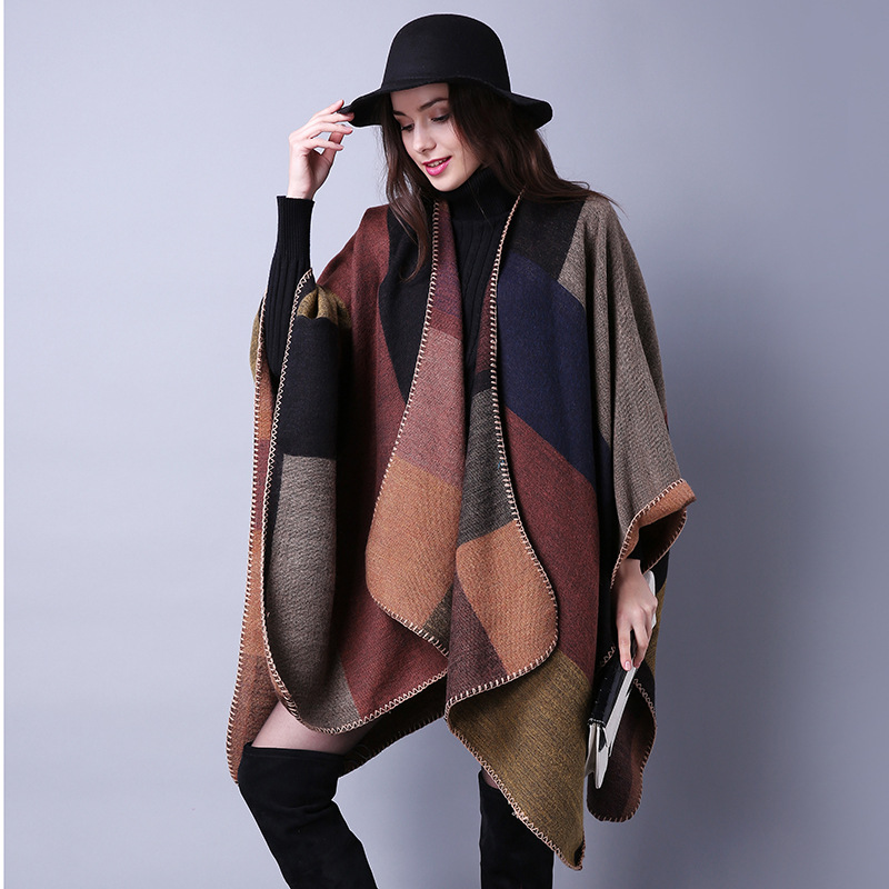 and Winter Scarf Versatile Lattice Ladies Travel Shawl Cashmerelike Foreign Trade Ethnic Style Split Thickened Cape