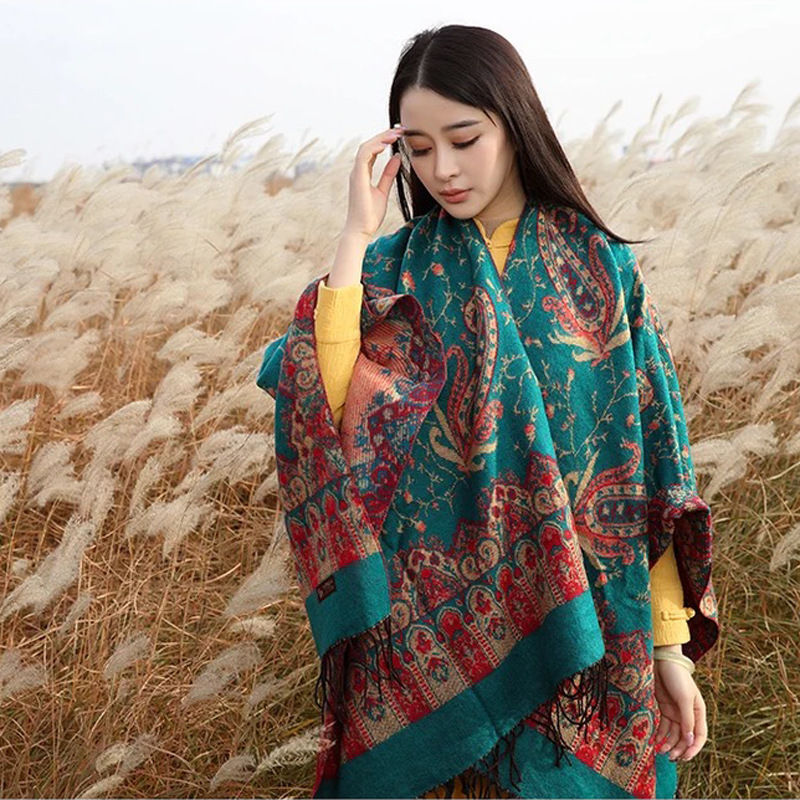 Style Thick Scarf Split Scarf Warm Travel Shawl Scarf Autumn and Winter Photography Air Conditioning Velvet Ethnic Scarf