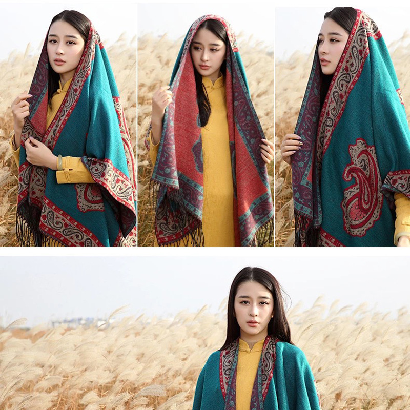 Style Thick Scarf Split Scarf Warm Travel Shawl Scarf Autumn and Winter Photography Air Conditioning Velvet Ethnic Scarf