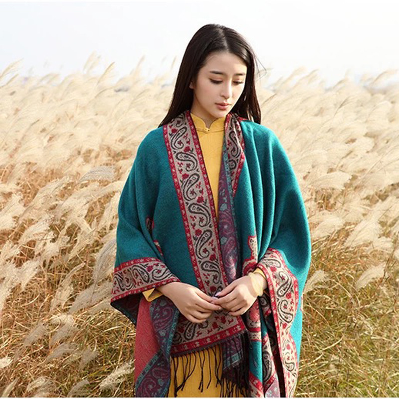 Style Thick Scarf Split Scarf Warm Travel Shawl Scarf Autumn and Winter Photography Air Conditioning Velvet Ethnic Scarf