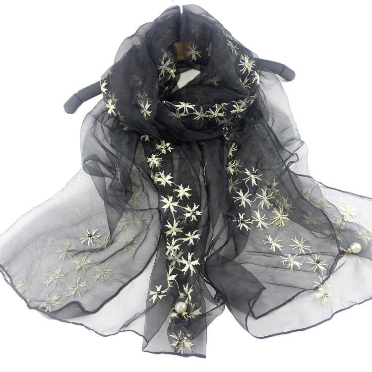 High-End Embroidery Organza Silk Scarf Silk Dress and Cheongsam Shawl Starfish Scarf Solid Color Pearl Scarf Women&#039;s Spring and Summer