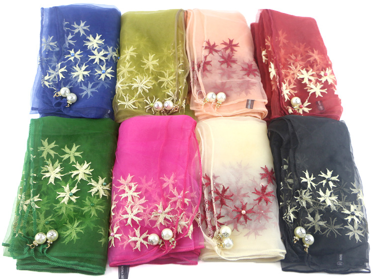High-End Embroidery Organza Silk Scarf Silk Dress and Cheongsam Shawl Starfish Scarf Solid Color Pearl Scarf Women&#039;s Spring and Summer