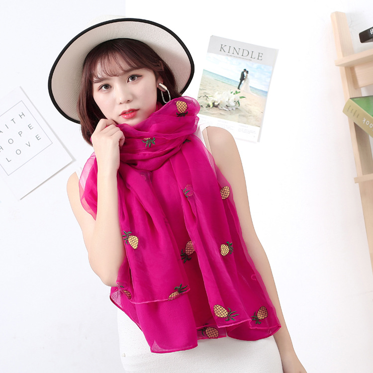 Foreign Trade Four Seasons Twill Cotton Embroidery Scarf Pineapple Embroidery Talma Dual-Use Travel Air Conditioning Sunscreen Scarf