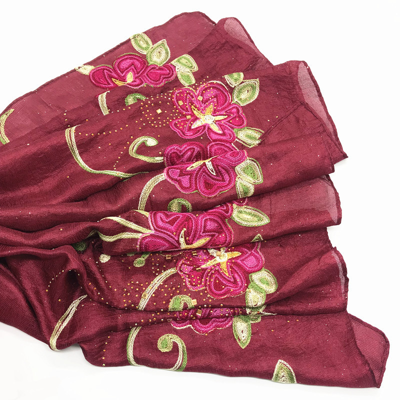Cross-Border AliExpress Monochrome Scarf Rhinestone Embroidery Flower Scarf Dutch Linen Scarf Shawl Scarf for Women