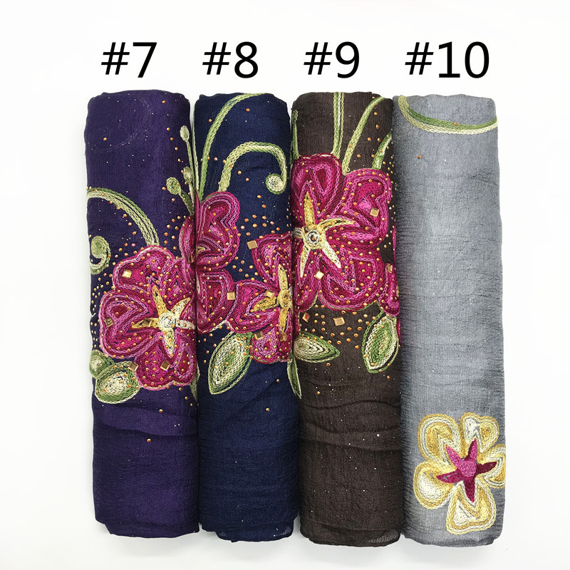 Cross-Border AliExpress Monochrome Scarf Rhinestone Embroidery Flower Scarf Dutch Linen Scarf Shawl Scarf for Women