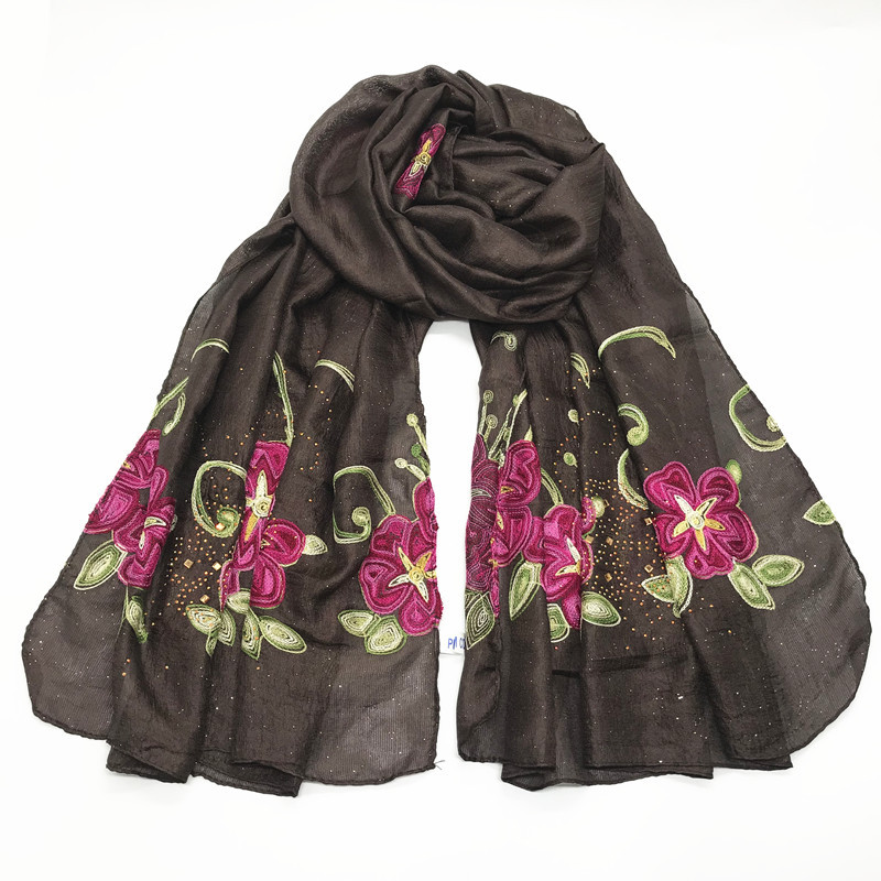 Cross-Border AliExpress Monochrome Scarf Rhinestone Embroidery Flower Scarf Dutch Linen Scarf Shawl Scarf for Women