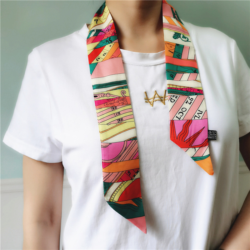 Spring and Summer Imitated Silk Scarves Women&#039;s New Color Matching Letters Printing Professional Small Scarf Arm Bag Ribbon Wholesale