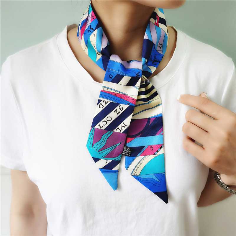 Spring and Summer Imitated Silk Scarves Women&#039;s New Color Matching Letters Printing Professional Small Scarf Arm Bag Ribbon Wholesale