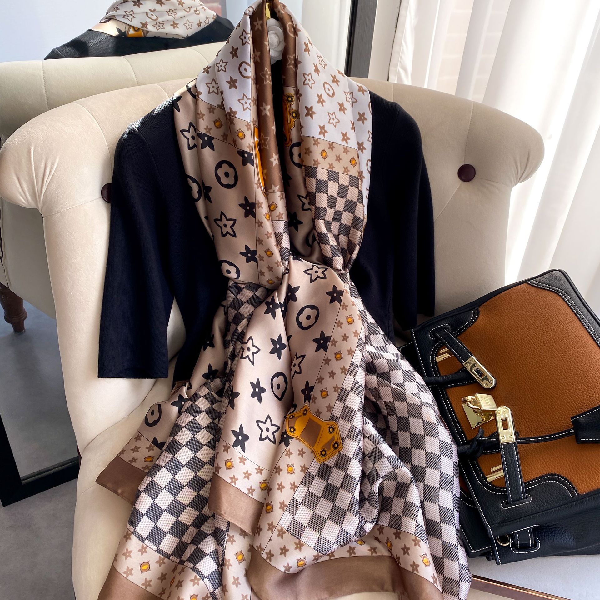 New Silk Forging Spring Decorative Ethnic Plain Imitated Silk Scarves Female Four Seasons Universal Flower Printing Stylish Female Silk Scarf