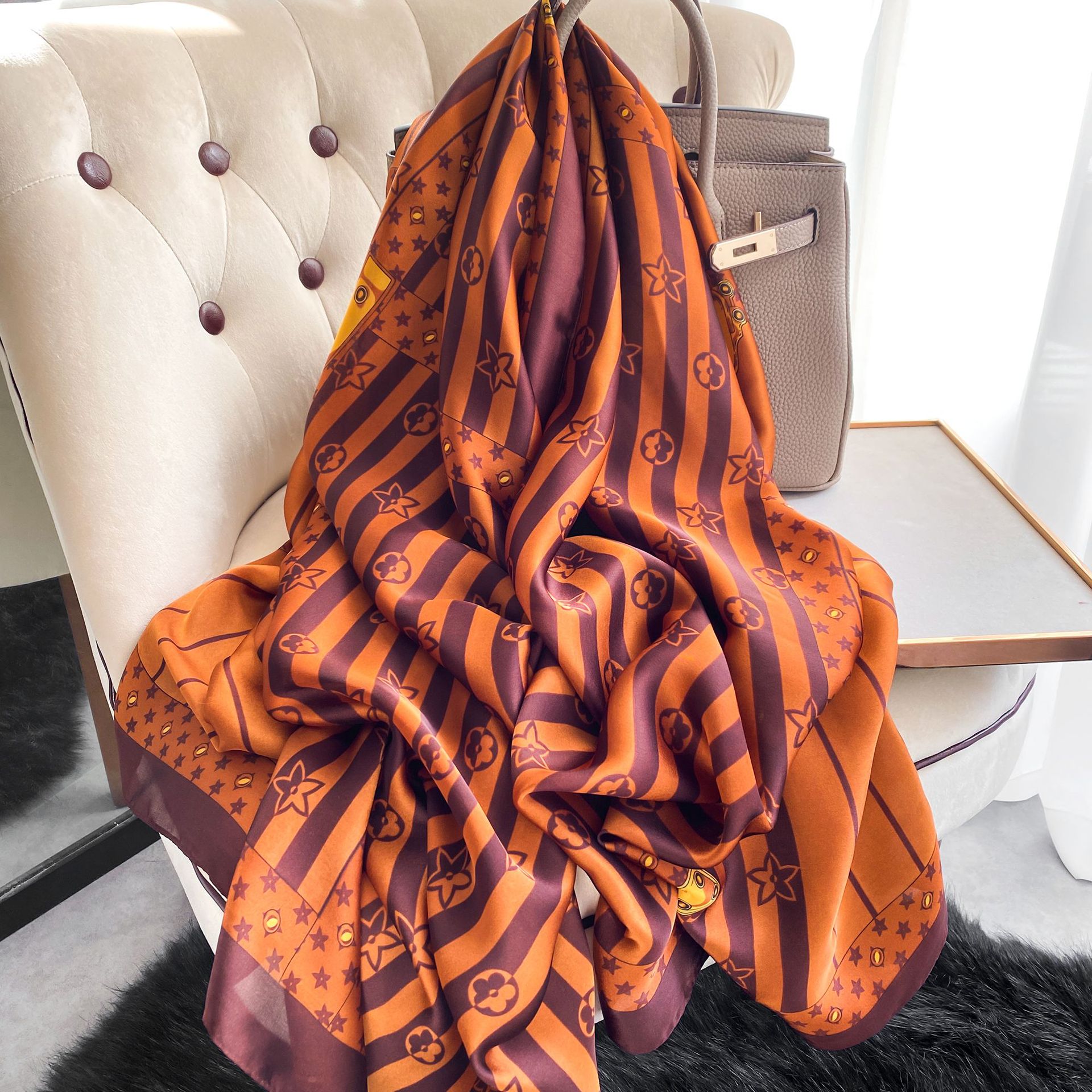 New Silk Forging Spring Decorative Ethnic Plain Imitated Silk Scarves Female Four Seasons Universal Flower Printing Stylish Female Silk Scarf