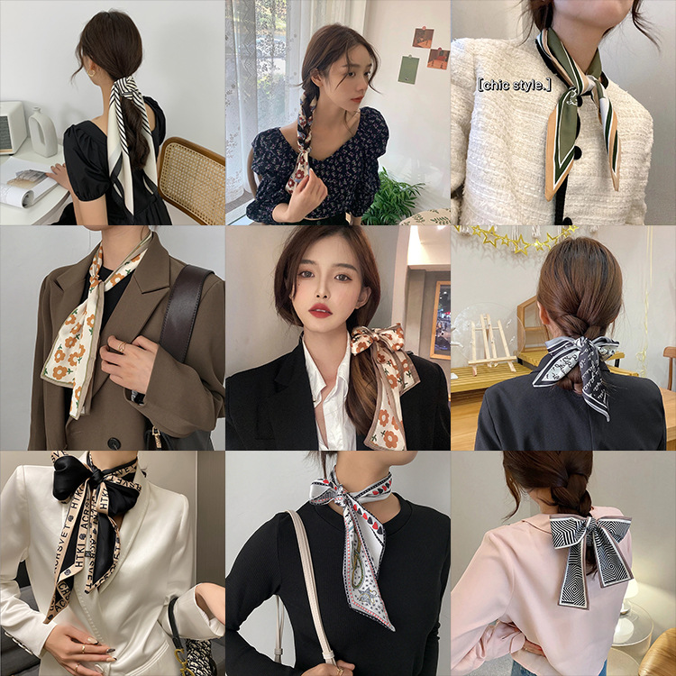 Ribbon Scarves Geometric Thin Long Narrow Scarf Retro French Arm Bag Ribbon Scheming Printing Headband Headwear Women