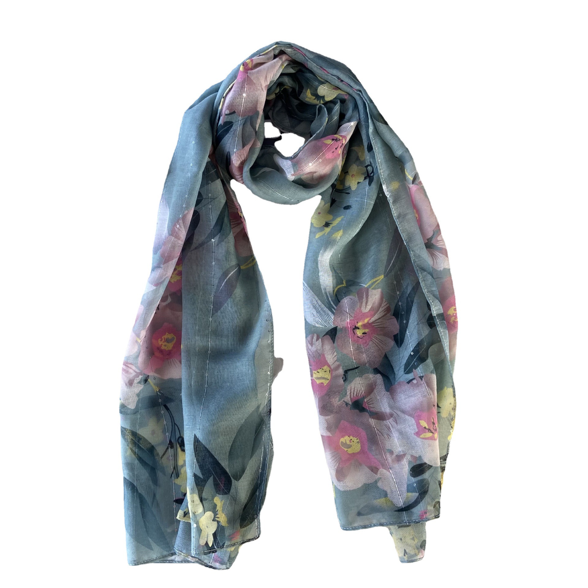 Spring Scarf Voile Polyester Silver Sequined Printed Silk Scarf Women&#039;s Fashionable Small Floral Shawl Printing Scarves