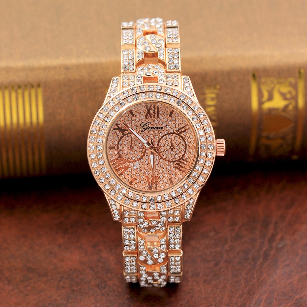 New full diamond alloy watch ladies with diamond eyes steel band quartz watch Geneva