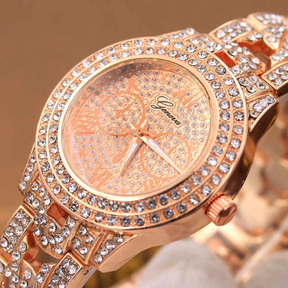 New full diamond alloy watch ladies with diamond eyes steel band quartz watch Geneva