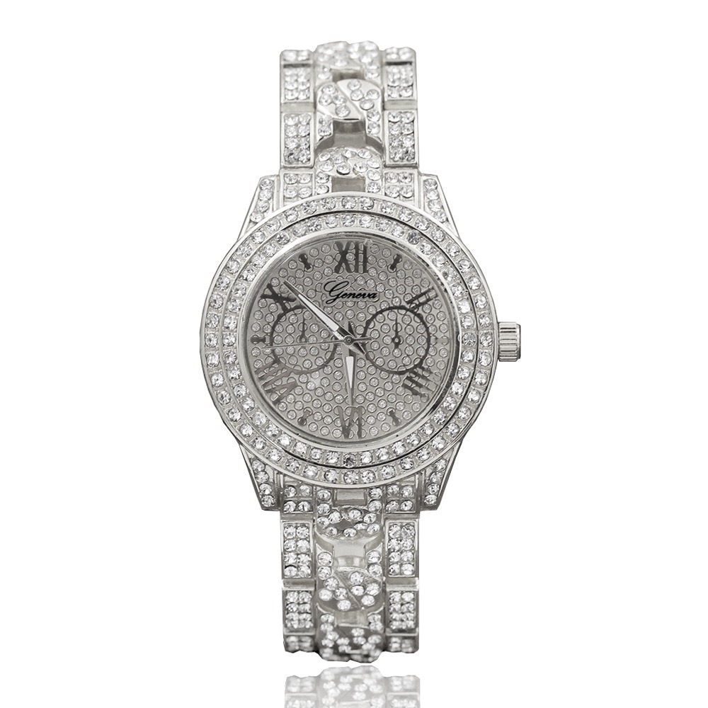 New full diamond alloy watch ladies with diamond eyes steel band quartz watch Geneva