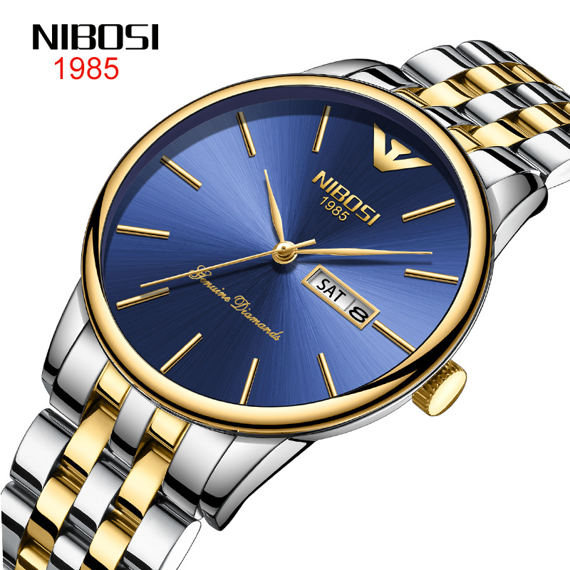 Nibosi Korean Style Gold Double Calendar Solid Steel Watch Trendy Butterfly Snap Deep Waterproof Men&#039;s Watch