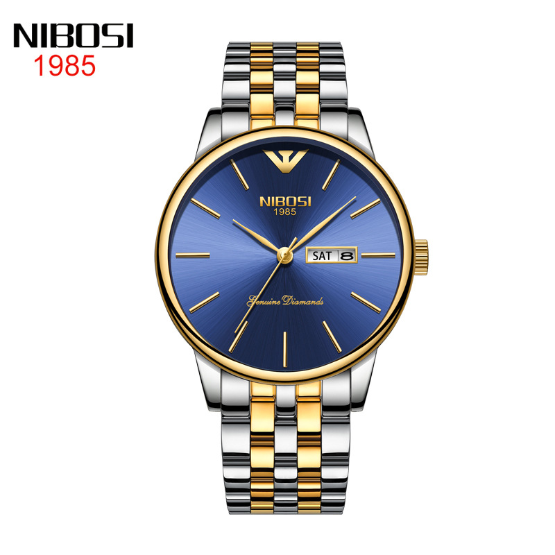 Nibosi Korean Style Gold Double Calendar Solid Steel Watch Trendy Butterfly Snap Deep Waterproof Men&#039;s Watch