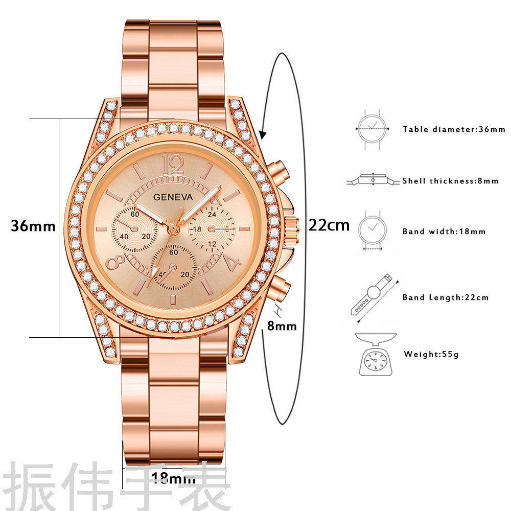 Geneva Diamond-Embedded Geneva Three-Eye Watch Women &#039;S Fashion Steel Belt Quartz Watch Gift Foreign Trade Popular Style Watch