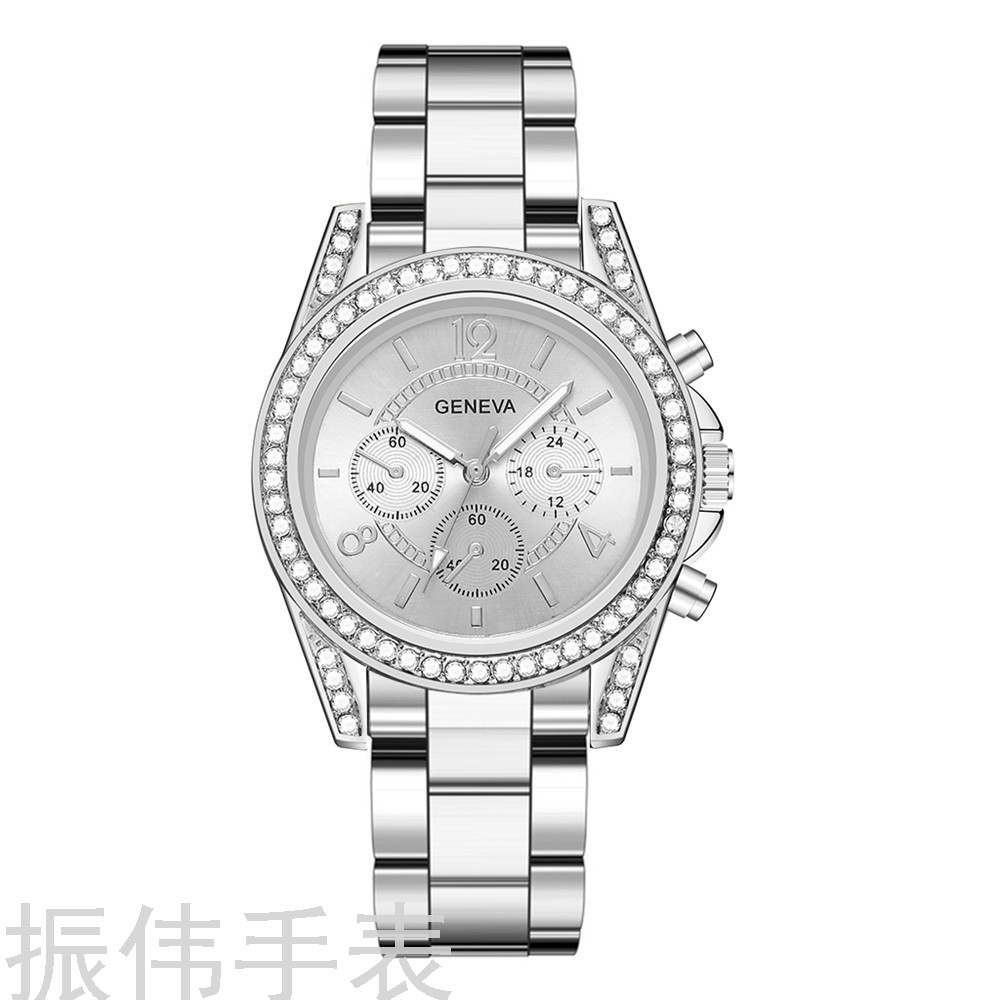 Geneva Diamond-Embedded Geneva Three-Eye Watch Women &#039;S Fashion Steel Belt Quartz Watch Gift Foreign Trade Popular Style Watch