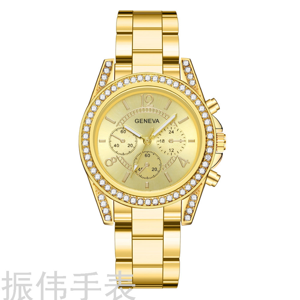 Geneva Diamond-Embedded Geneva Three-Eye Watch Women &#039;S Fashion Steel Belt Quartz Watch Gift Foreign Trade Popular Style Watch