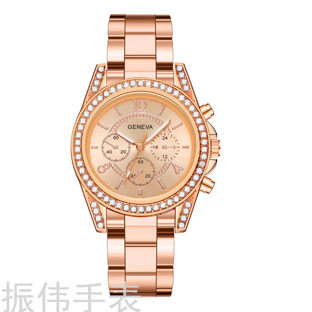 Geneva Diamond-Embedded Geneva Three-Eye Watch Women &#039;S Fashion Steel Belt Quartz Watch Gift Foreign Trade Popular Style Watch